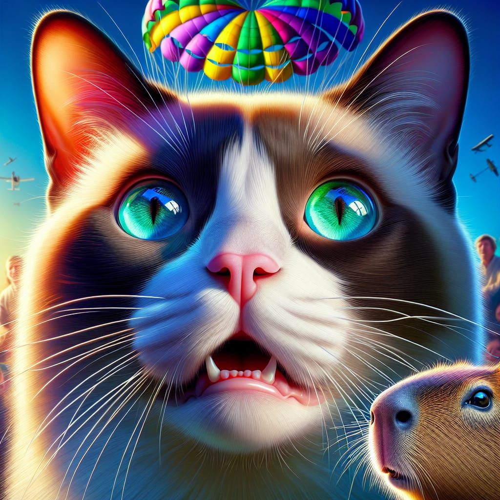 Siamese cat Snowshoe breed with white paw tips and green-blue eyes is discanted with a parachute and a capybara below, 8k, bright and satura...