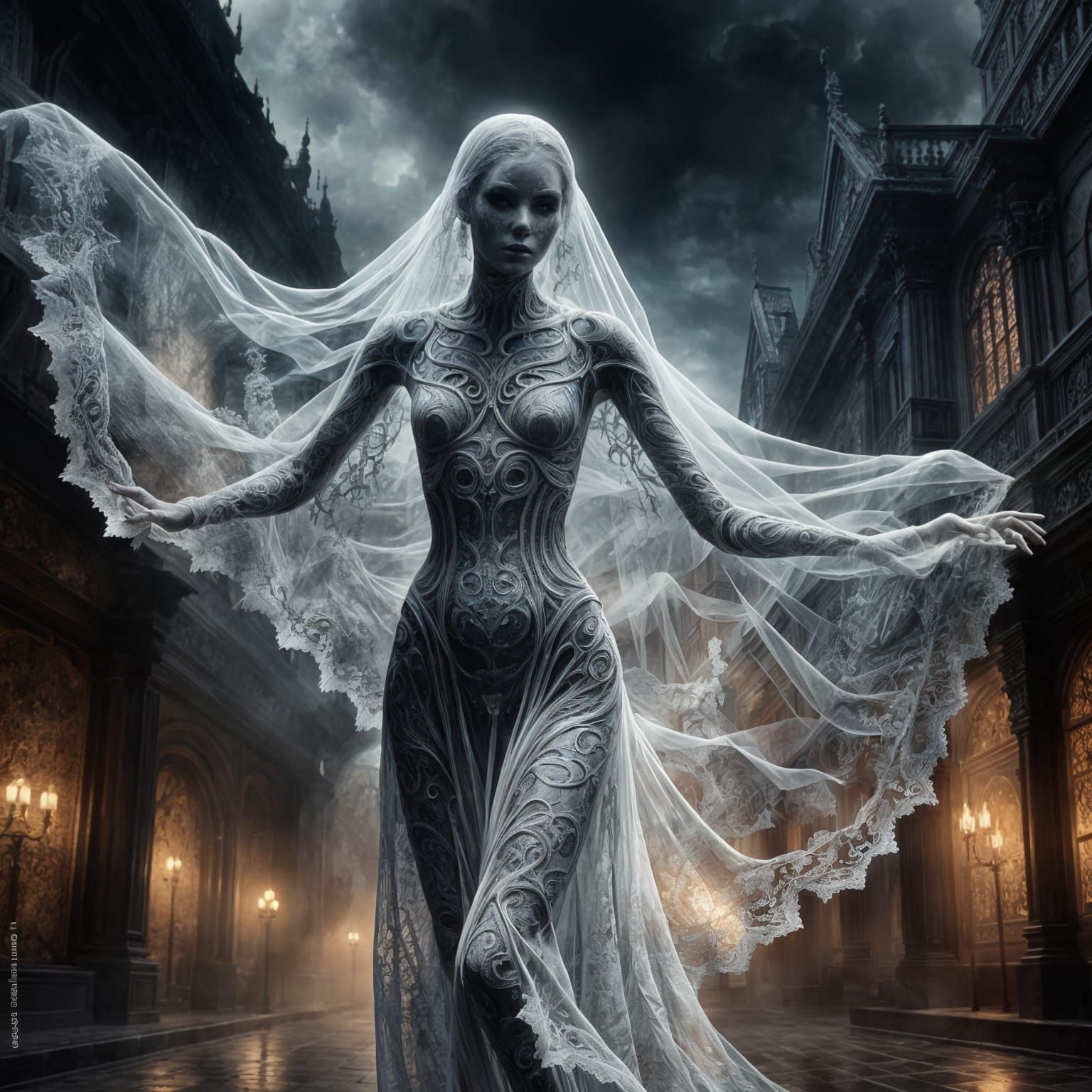 Ghostly Figure in Lacy, Cinematic Digital Art