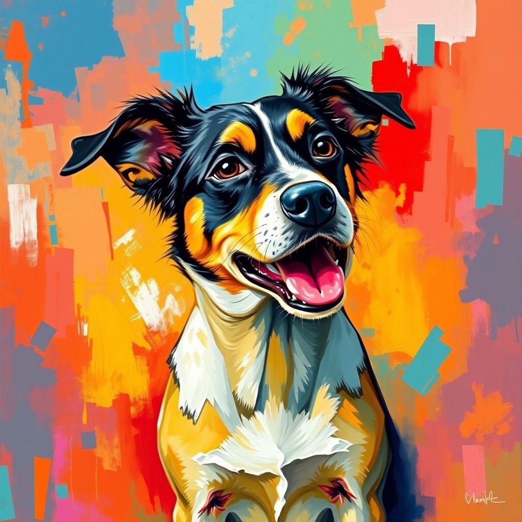 une peinture d'un chien sur un fond coloré