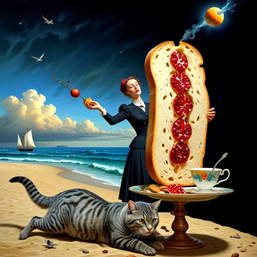 Surrealistic Portrait of a Happy Lady with Cat and Bread in ...