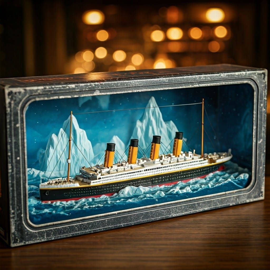 Illuminated, nostalgic diecast encased diorama of the RMS titanic in 1:48 scale,with iceberg collision backdrop setting  by @ThecosmicVengefulOne12 