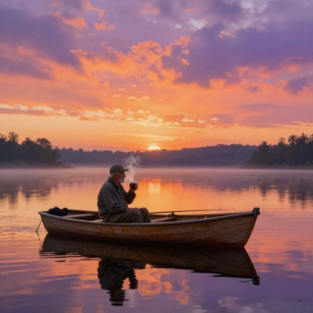 An older fisherman relaxes in a rowboat in a lake where the sun is rising, creating a spectacular array ...  by @Queen Coleen