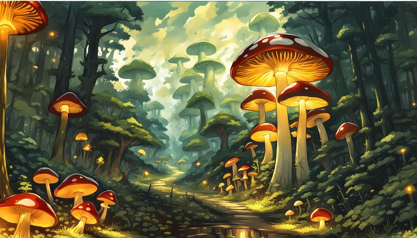 manga style giant shiny mushroom forest ; the under part of the ...