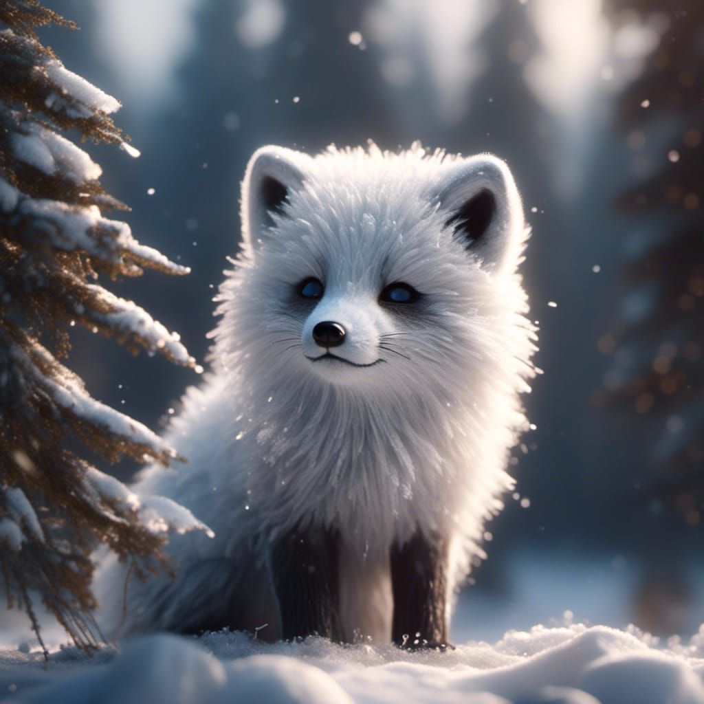 Cute Arctic Fox Cub in Winter Forest, Anime Style