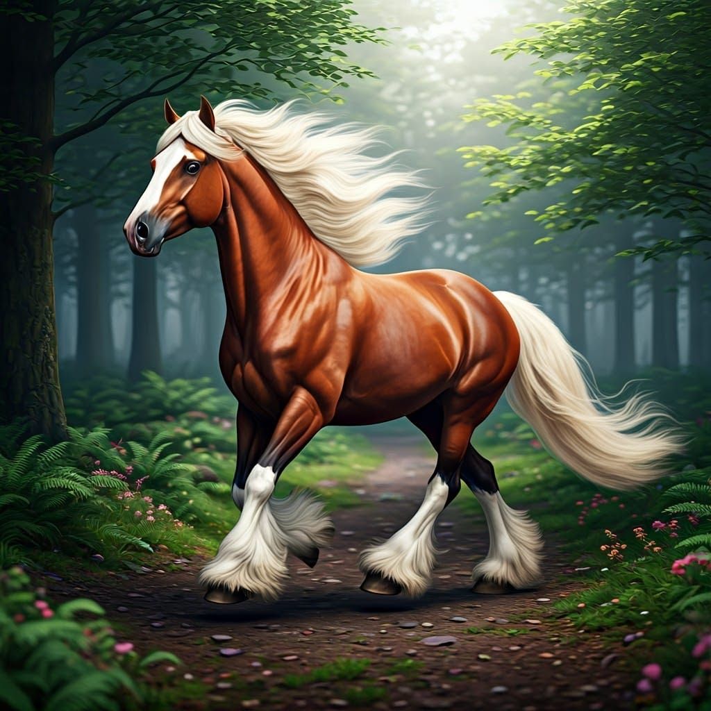 Majestic Gypsy Horse Galloping in Misty Forest