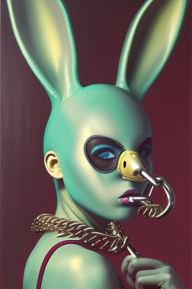 girl in latex bunny mask