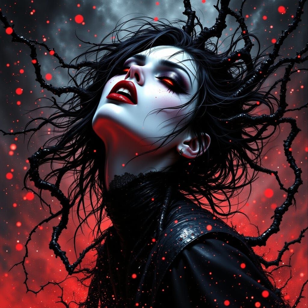 <lora:Dark Vampiress:1.0>; minimalist illustration by Android Jones; shimmering sparkling particles; high resolution; Metal Hurlant and Heav...