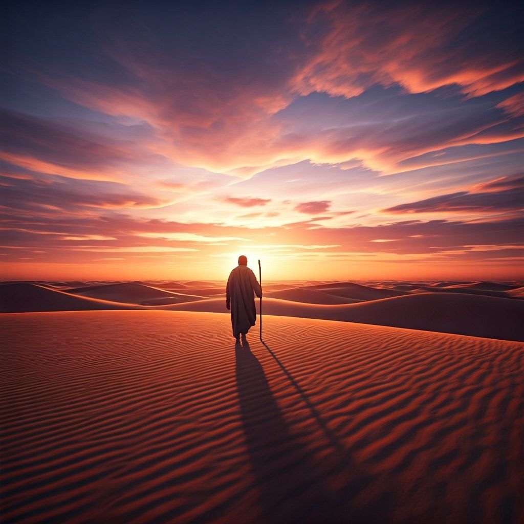 Lone Traveler in Vast Desert at Dusk
