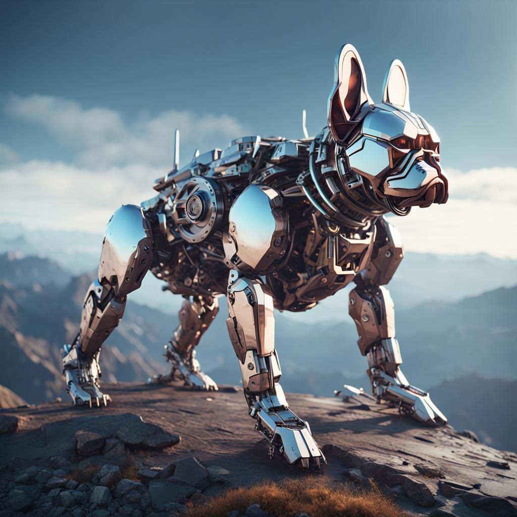 mechanical French bulldog at the summit of a mountain