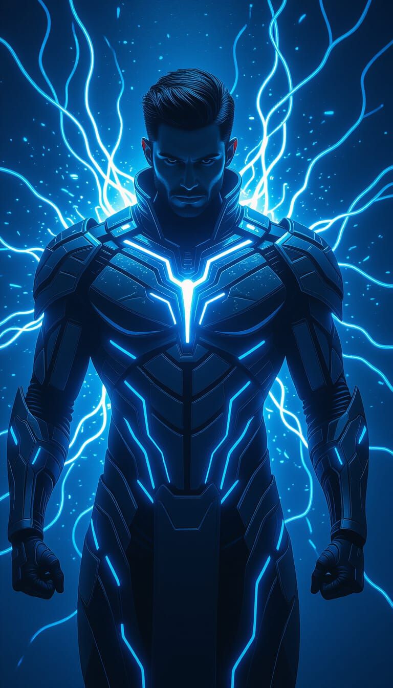 Man in Glowing Blue Energy Armor