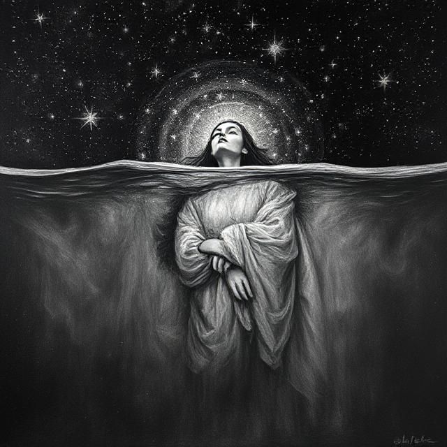 Mysterious Fashionista Beneath a Starry Ocean in Charcoal. T...