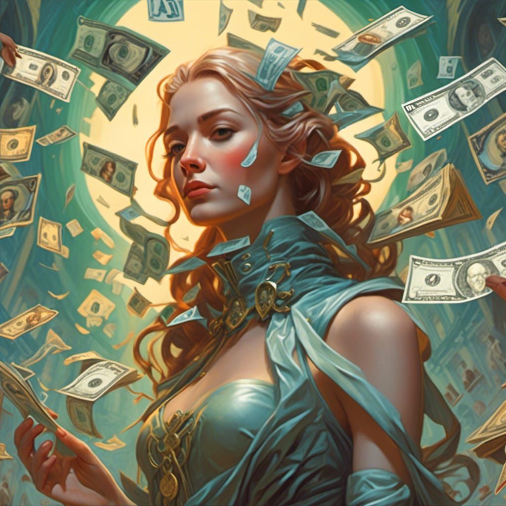 <lora:Surreal Kiwi Style:1.0>Old Sci-Fi illustration dollar bills, D&D, fantasy, intricate, elegant, highly detailed, digital painting, arts...