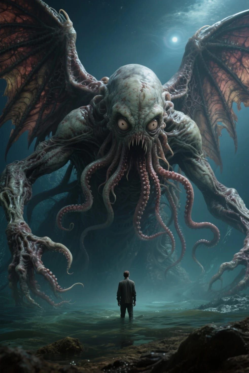 Terrifying thalassophobia bad ending horror creation I just made of a very Cthulhu looking down at you underwater after ...