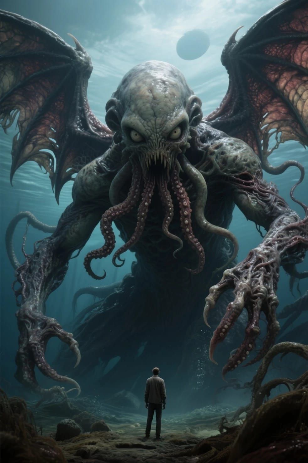 Terrifying thalassophobia bad ending horror creation I just made of a very Cthulhu looking down at you underwater after ...