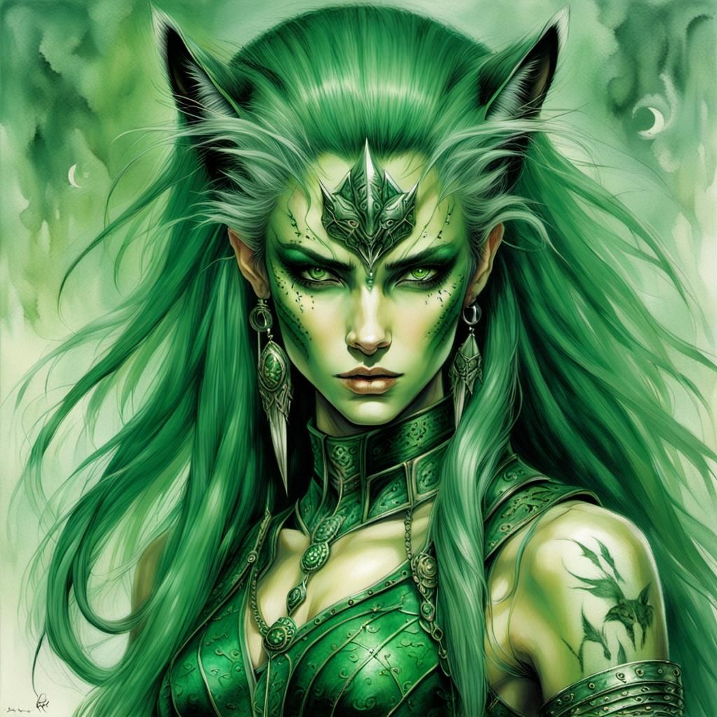 A green skinned Warrior with Panther Cat Ears and Is Tall and Strong ...