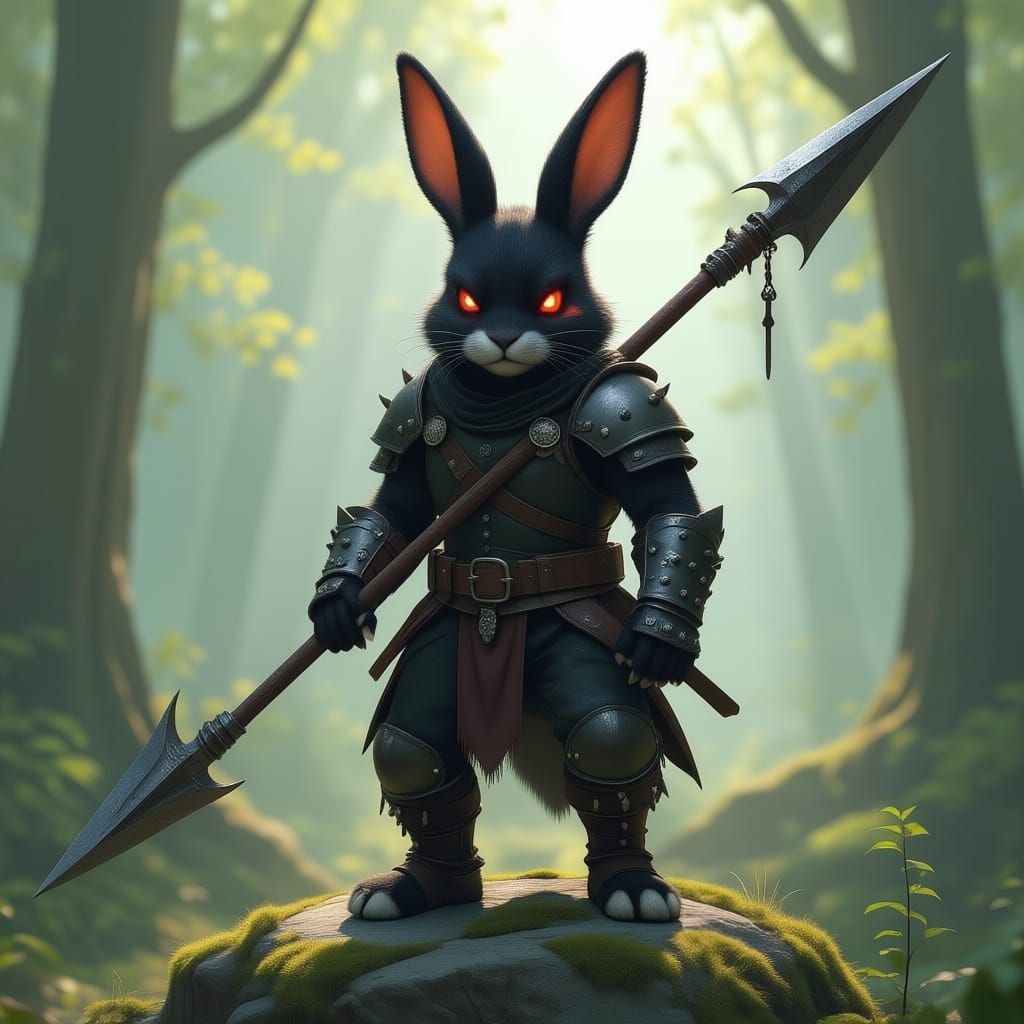 Make an anthropomorphic rabbit with black fur and red eyes and a scar across his left eye. He is wearing leather studded armor and wielding ...