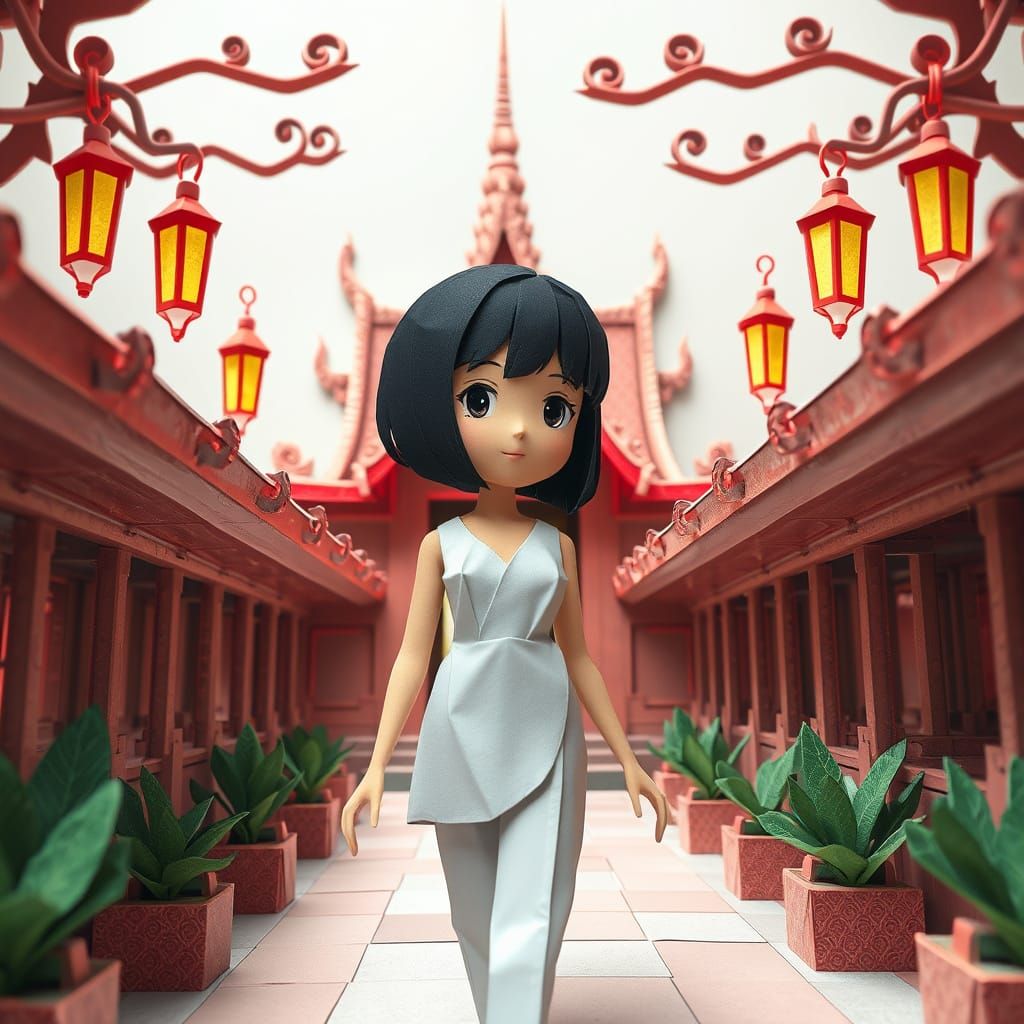 Origami Woman in Thailand Temple, Anime Style
