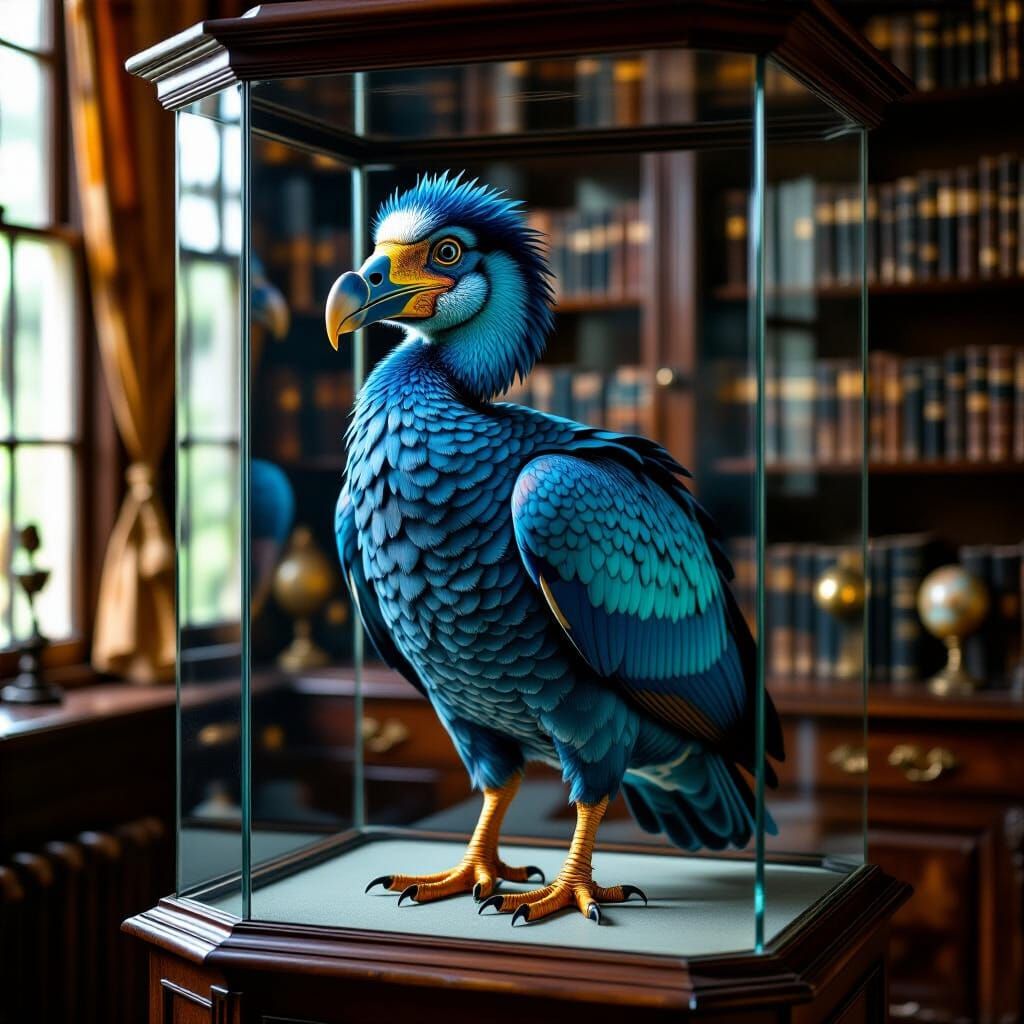 Unearthed! Behind crystal glass lurks the vibrant dodo—final clue to a vanished island empire.  by @Salina Mason