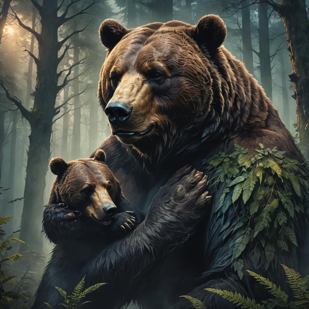 Bear Hugs Man in Mystical Forest Painting