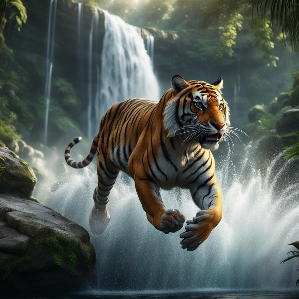 Bengal tiger running through waterfall in jungle