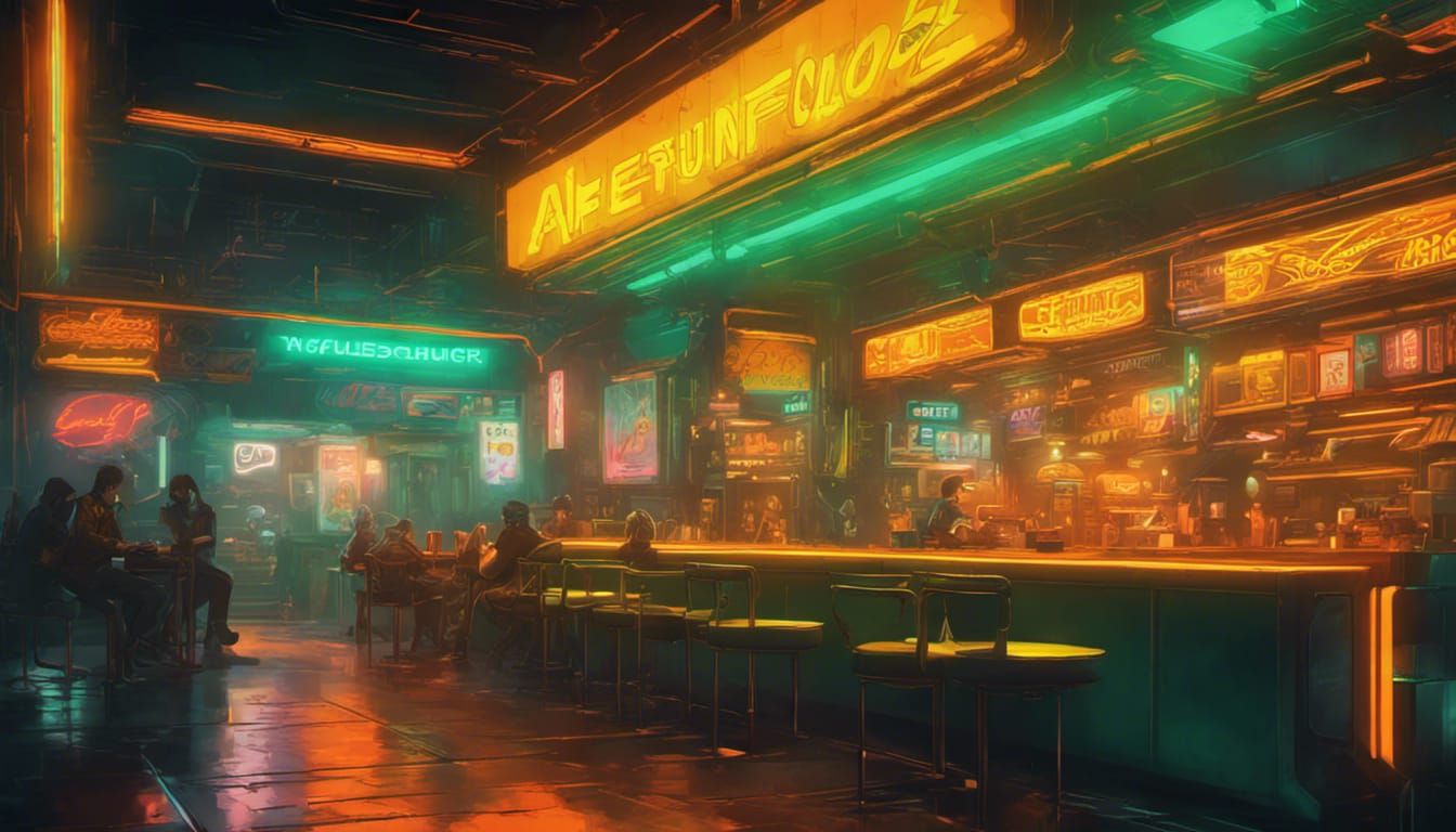 The cafe, green, yellow and orange main colours, cyberpunk 2...