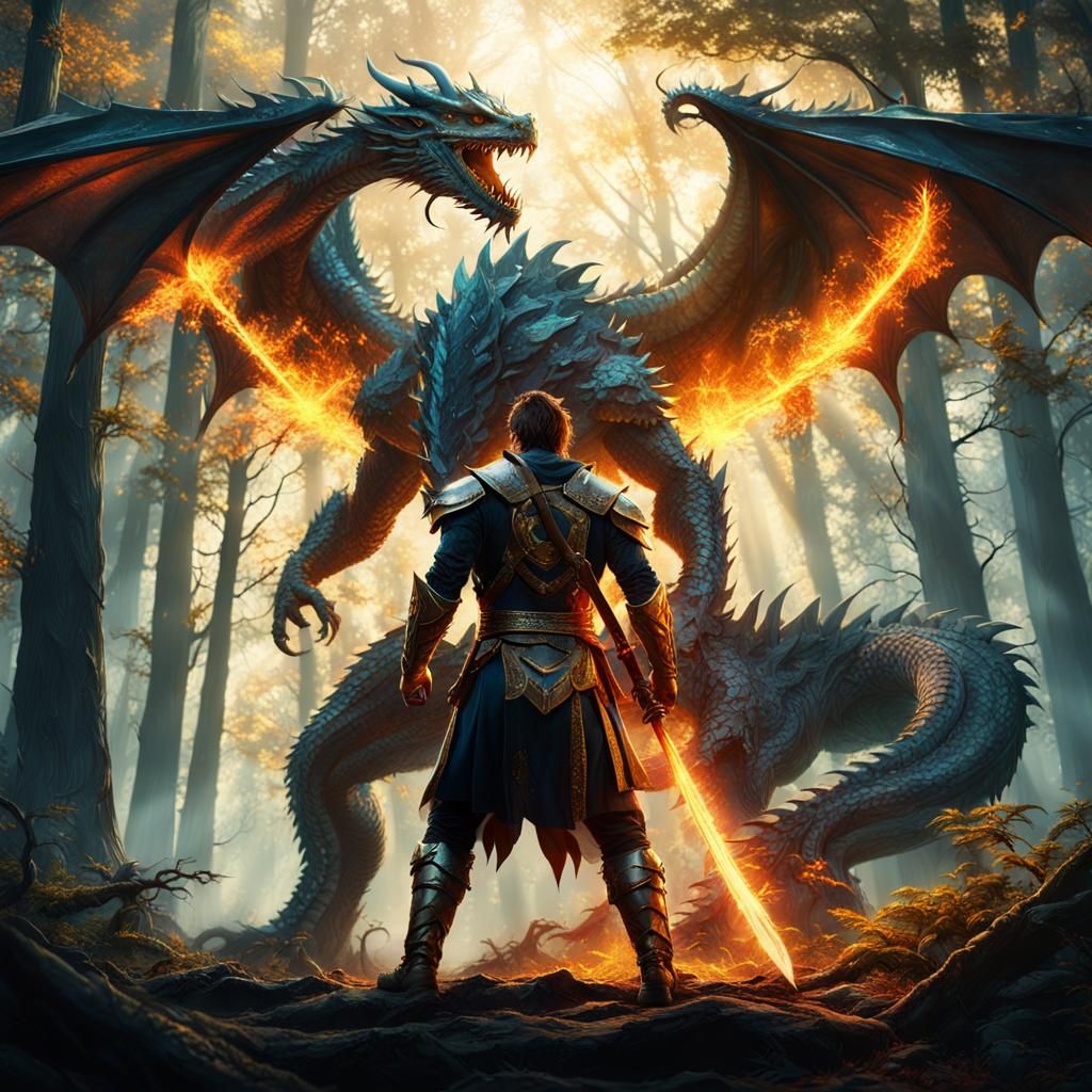 Heroic Warrior Confronts Fiery Dragon in Mystical Forest