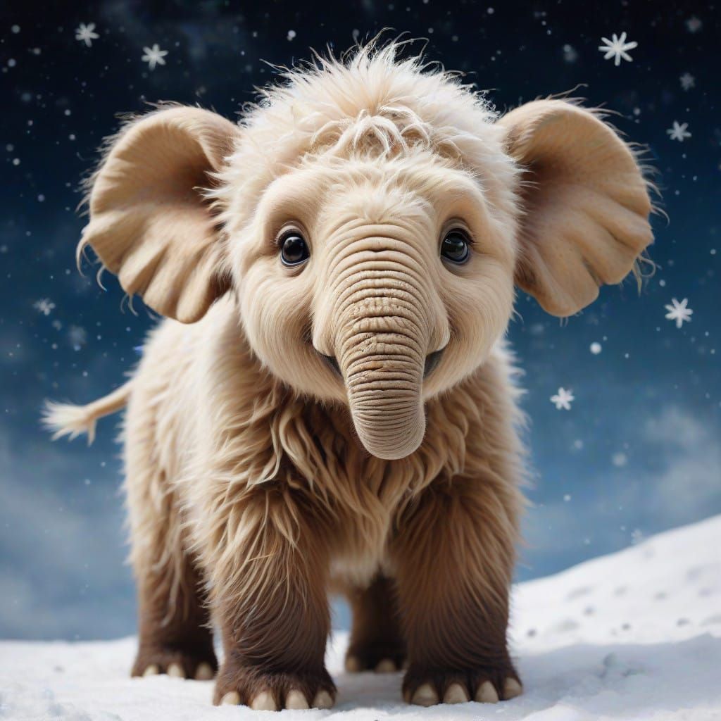 Whimsical oil impasto encaustic painting of a little cute mammoth cub, soft and fluffy fur with intricate ...  by @Anonymous009