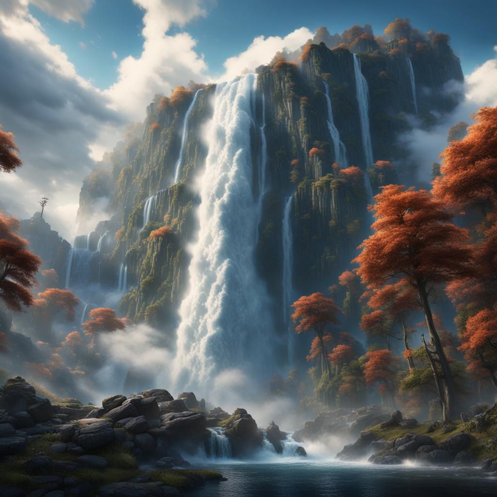 A majestic waterfall coming from clouds