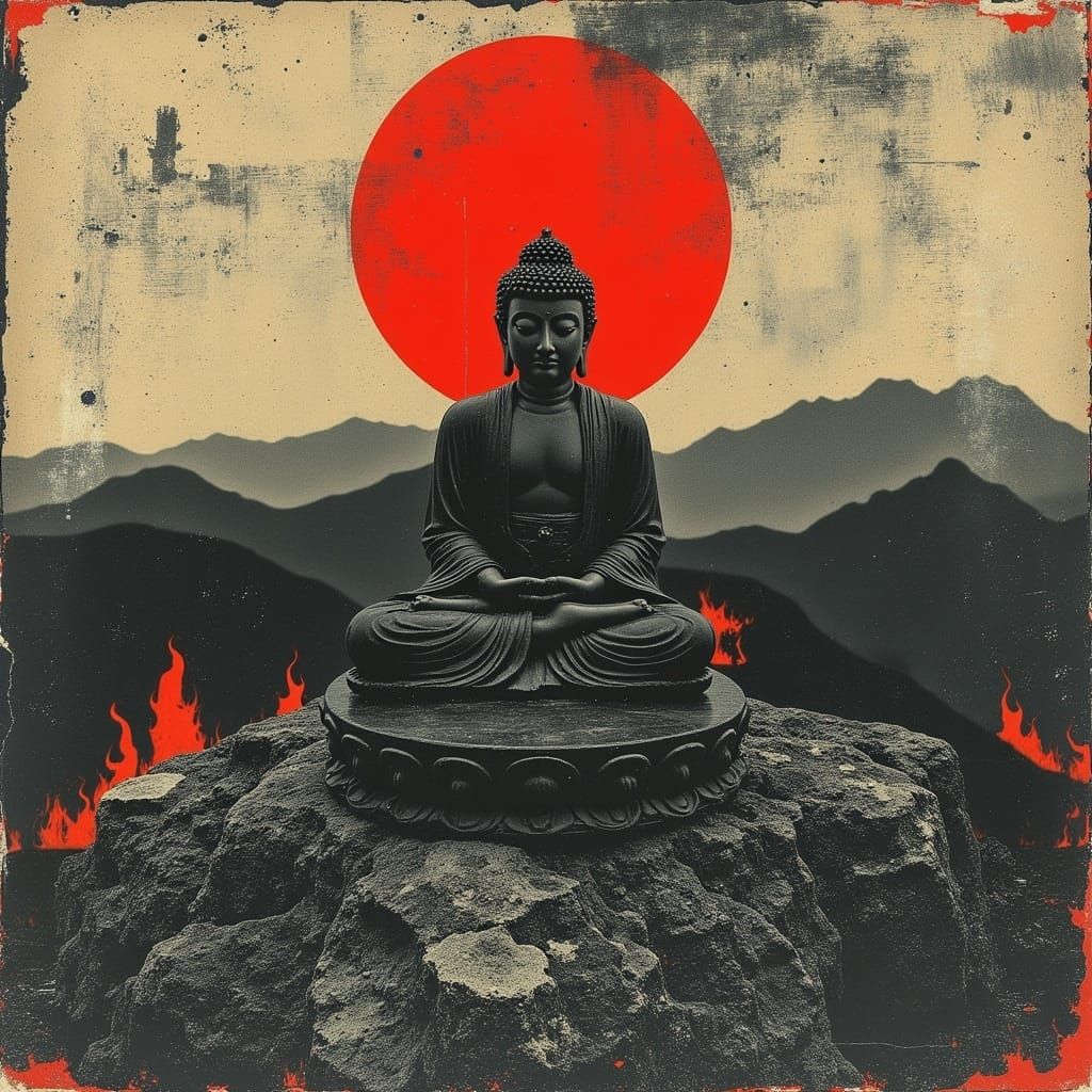 Abstract Red Amitabha Buddha in Postpunk Style