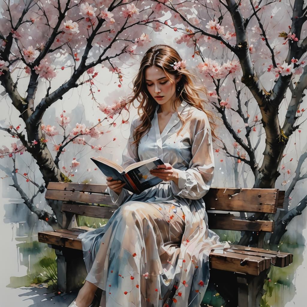 Young woman reading under a cherry tree