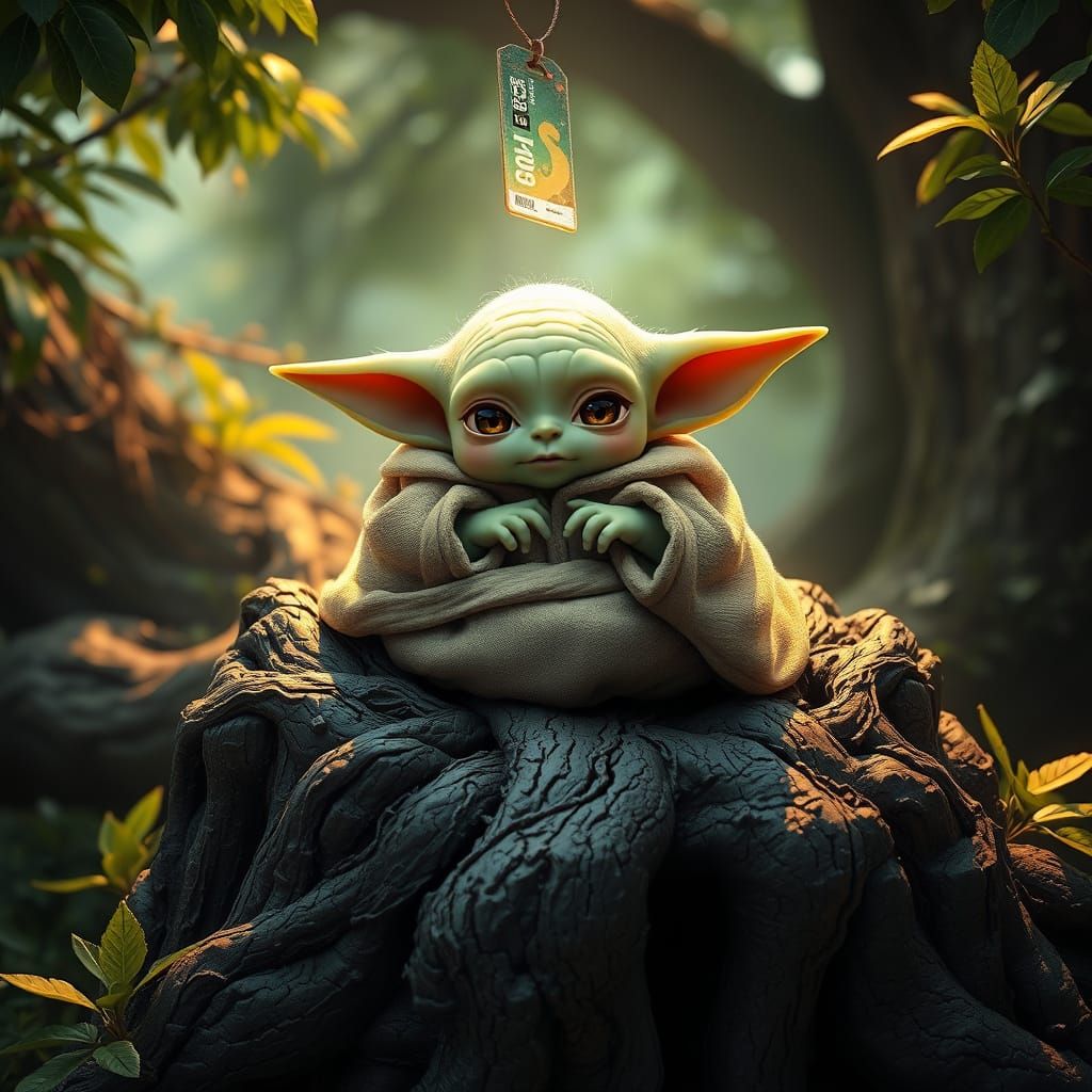 Baby yoda with label - Mystical Baby Yoda in Enchanted Fore...