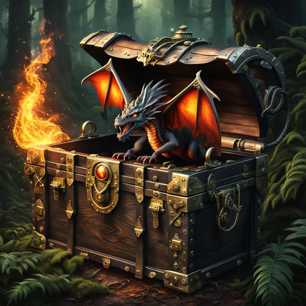 flying fire dragon
pirate treasure chest
realistic dark forest  by @Torsten