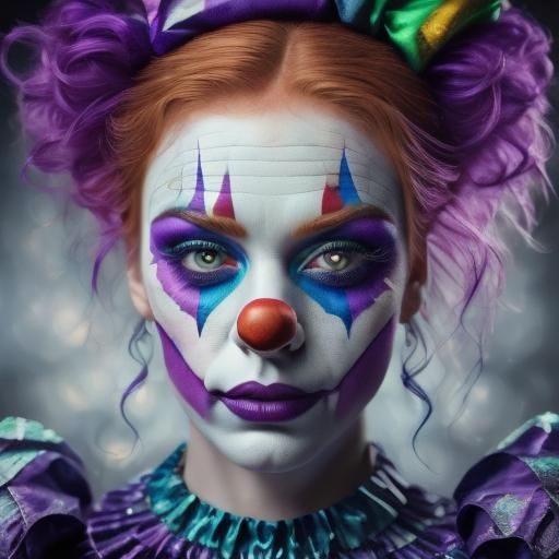 <lora:clown:1.0> hyper realistic beautiful woman in purple clown makeup