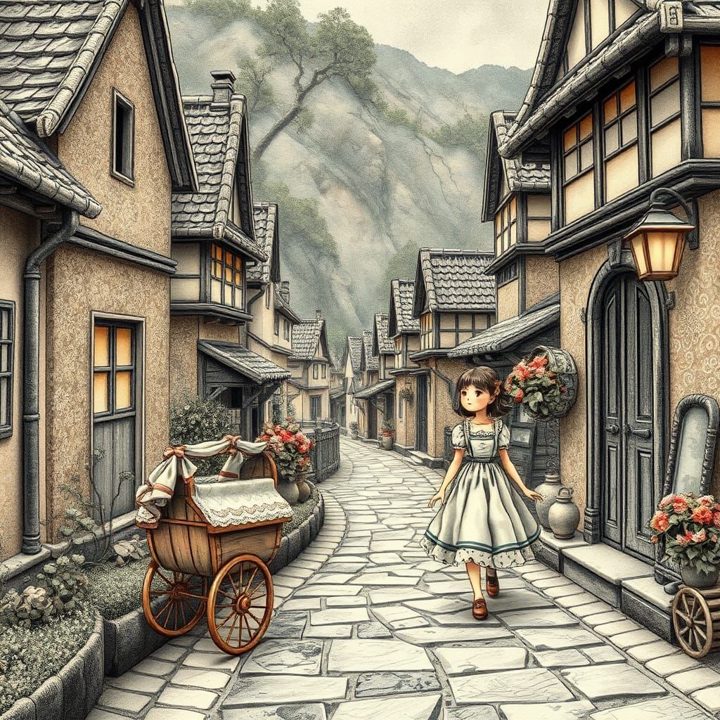 Little girl walks through the village with her doll carriage...