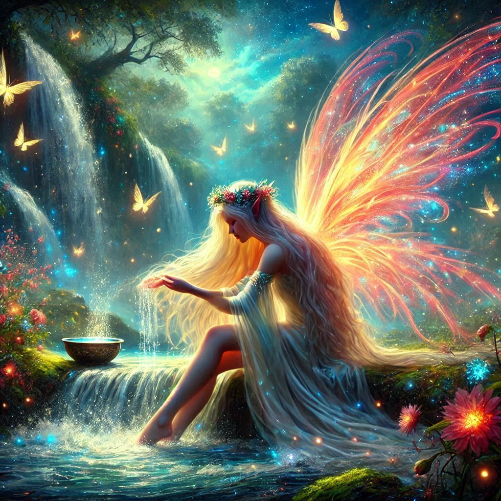 A beautiful fairy washing her hair