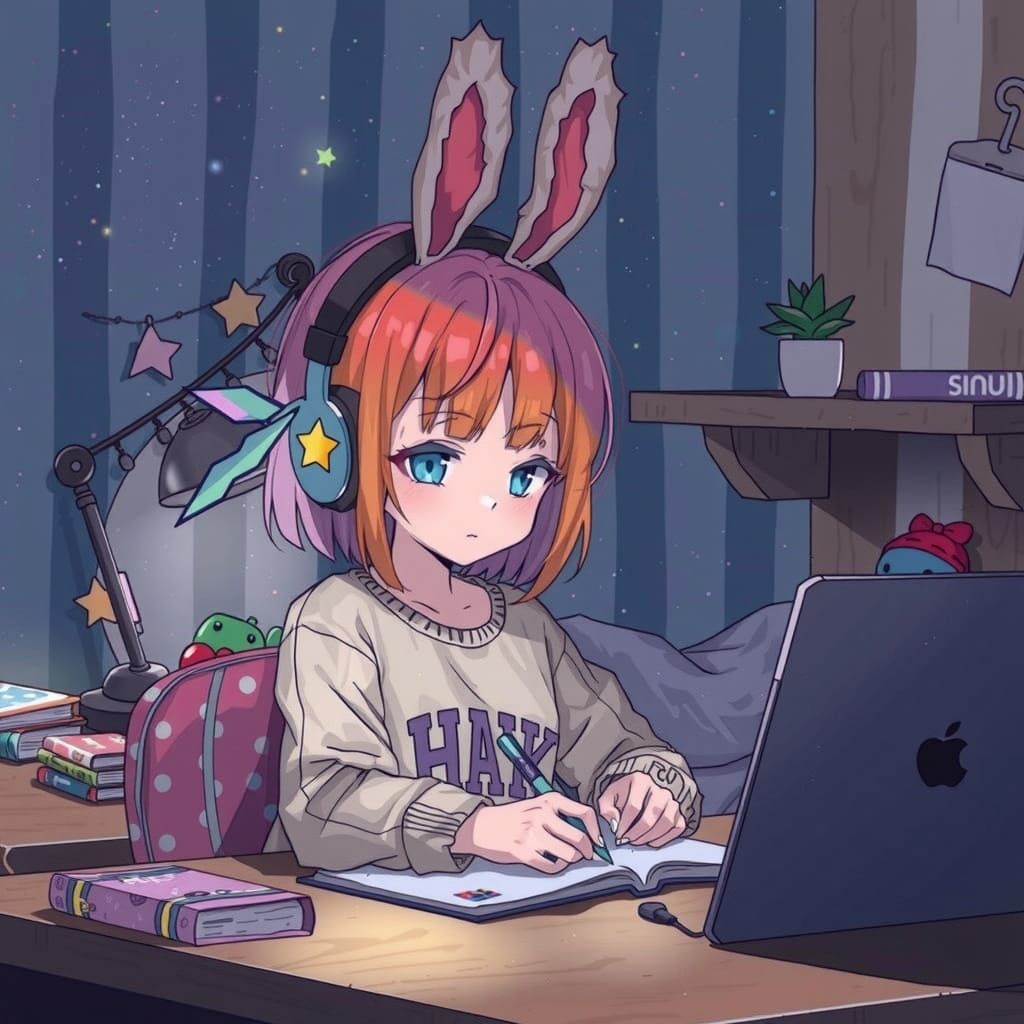 Kawaii Girl in Sparkling Anime Style with Bunny Ears