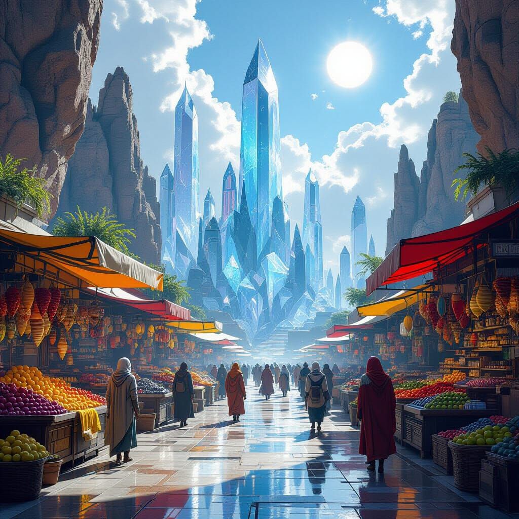 A bustling marketplace on a distant exoplanet, filled with alien vendors selling exotic fruits and shimmering textiles. Towering, crystallin...