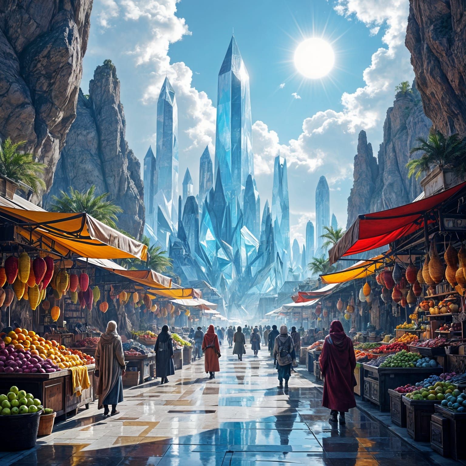 A bustling marketplace on a distant exoplanet, filled with alien vendors selling exotic fruits and shimmering ...  by @Dean d