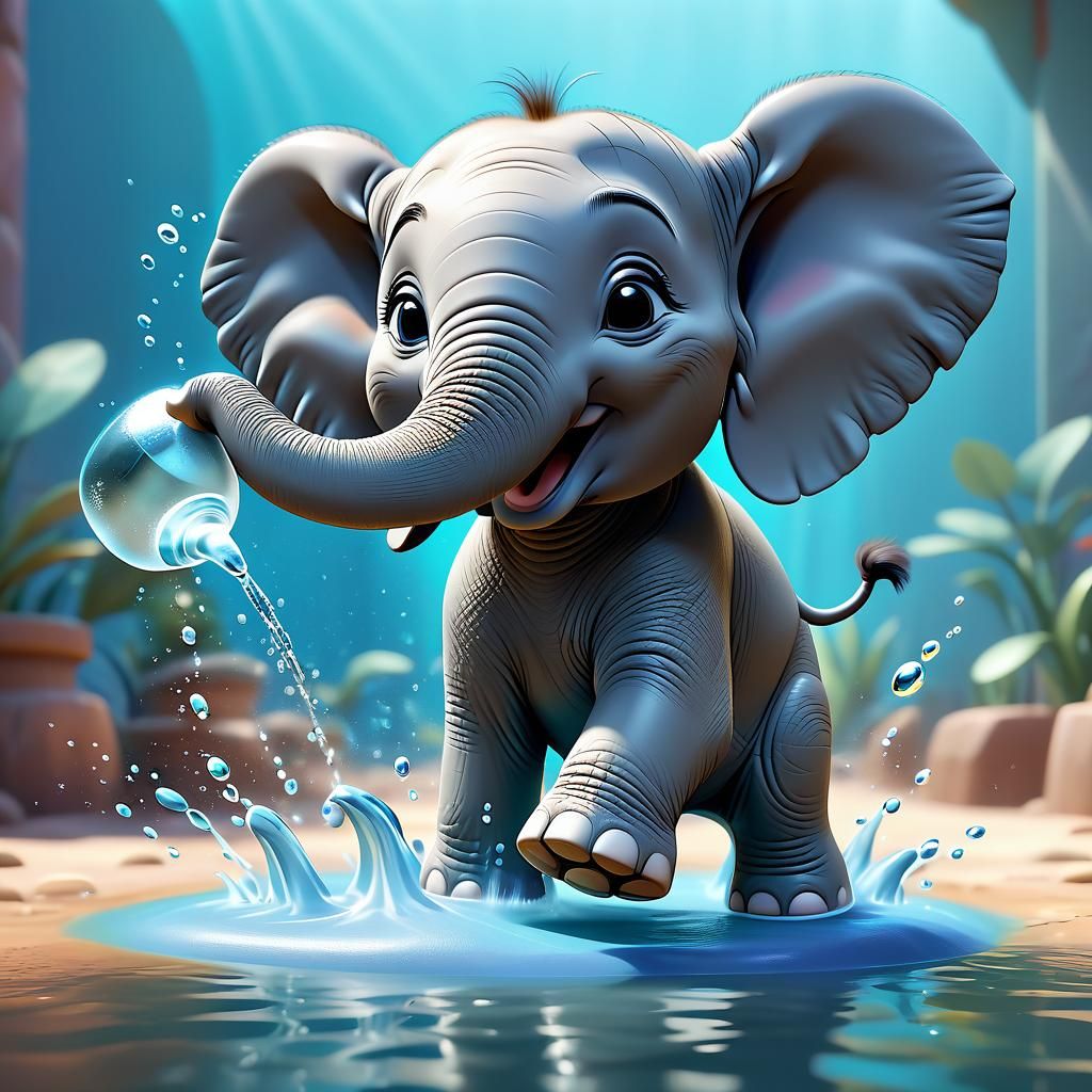 Baby elephant having fun with water - AI Generated Artwork - NightCafe ...