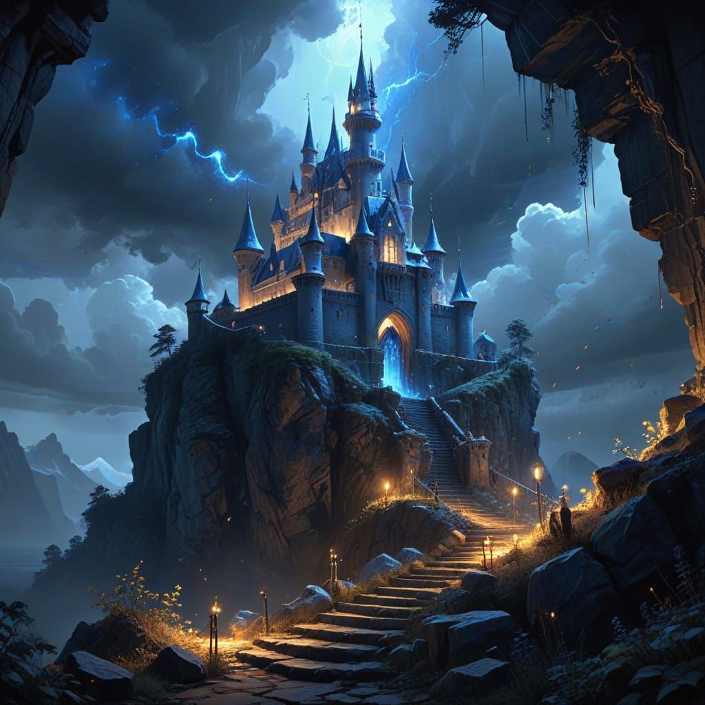 טירת קסם מוקפת בהילה כחולה קסומה הטירה נמצאת על ראש צוק מדרגות מובילות אל הטירה
