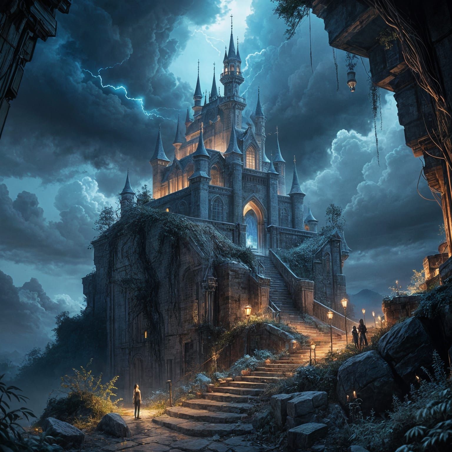 Enchanted Castle on Cliff Edge with Blue Aura