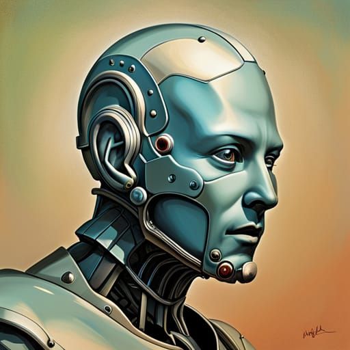 Portrait painting of a cyborg robot in the style of Don Lawr...