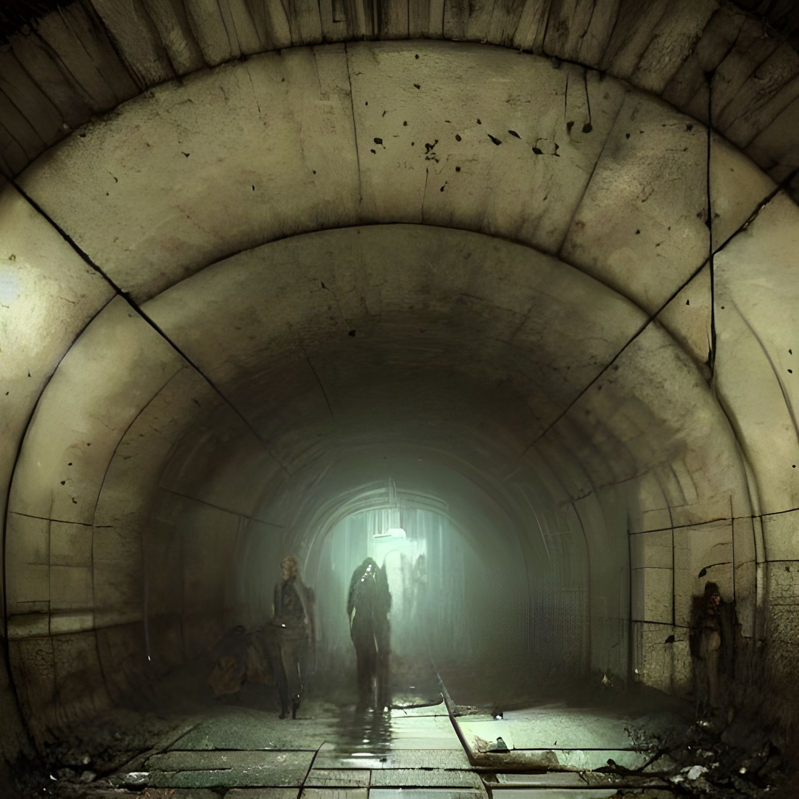 hyper realistic, abandoned subway tunnel, dark dilapidated, ...