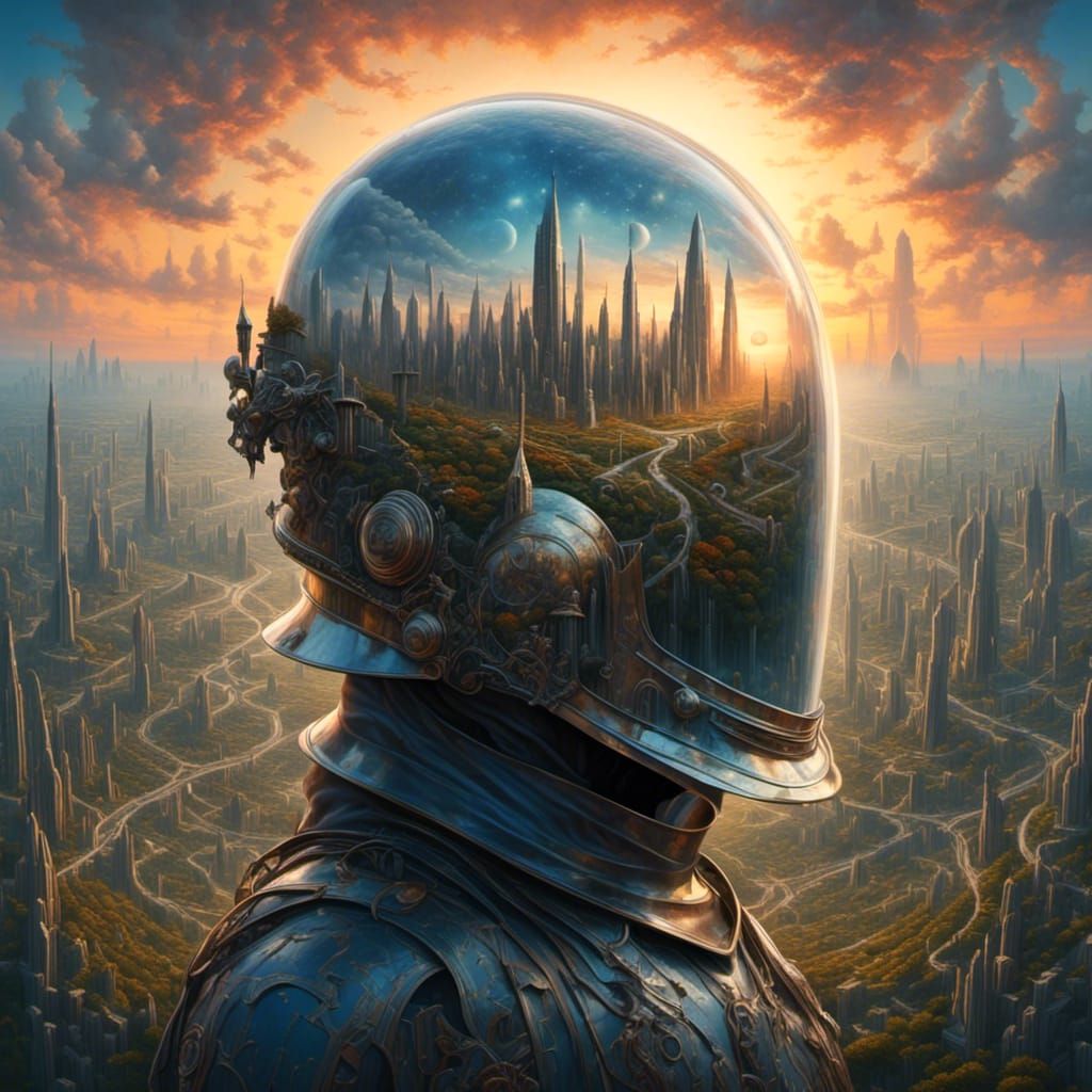 <lora:Helmets:1.0> 1960s album cover with medieval knights helmet with city inside double exposure sunset fields and space skies 