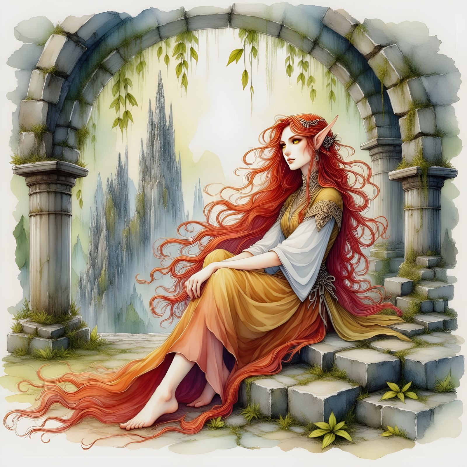 <lora:ElvenRuins:1.0> watercolor and ink painting of a female elf with long red hair and yellow eyes, sitting gracefully amidst elven ruins,...