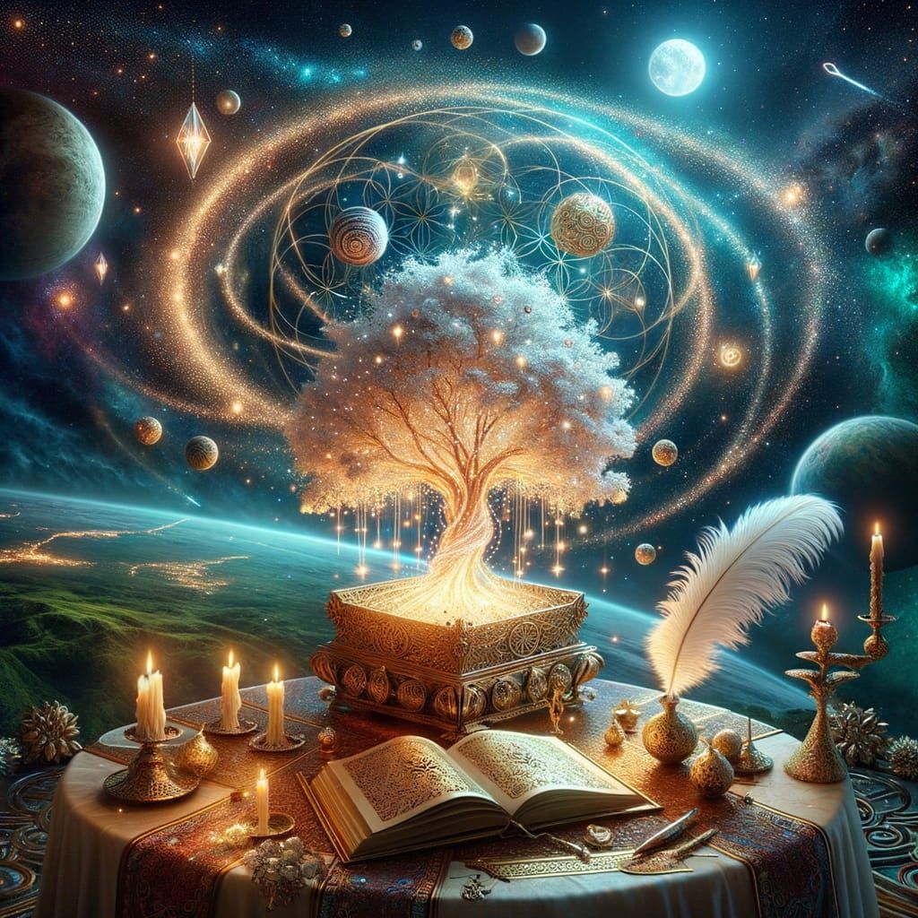 A glowing white tree of life with candles of light all over the tree and Visualize an enchanting scene featuring a radiant white tree, ablaz...