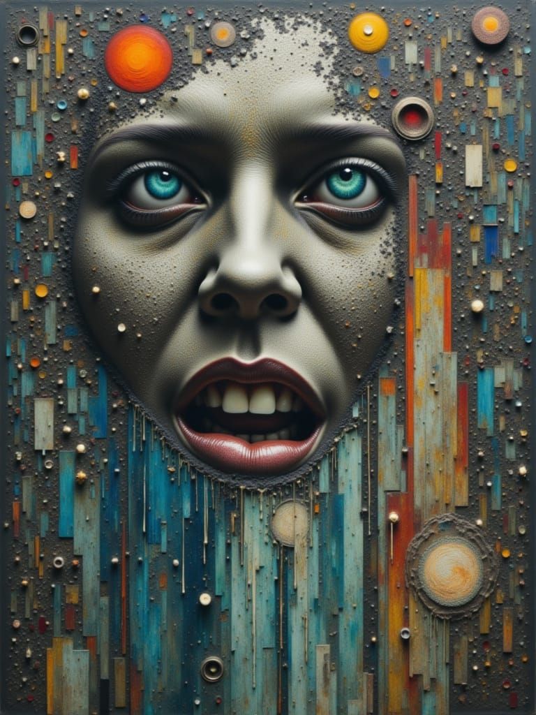 <lora:Everybody Scream:1.0> A vivid, colorful, mixed-media ethereal dreamscape with layered superimposition and generative depth. Subtle par...