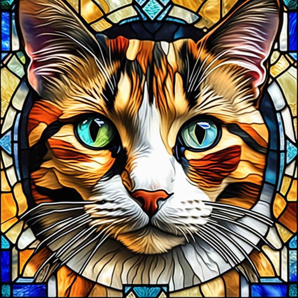 A stained glass portrait of a beautiful calico cat, intricate details ...