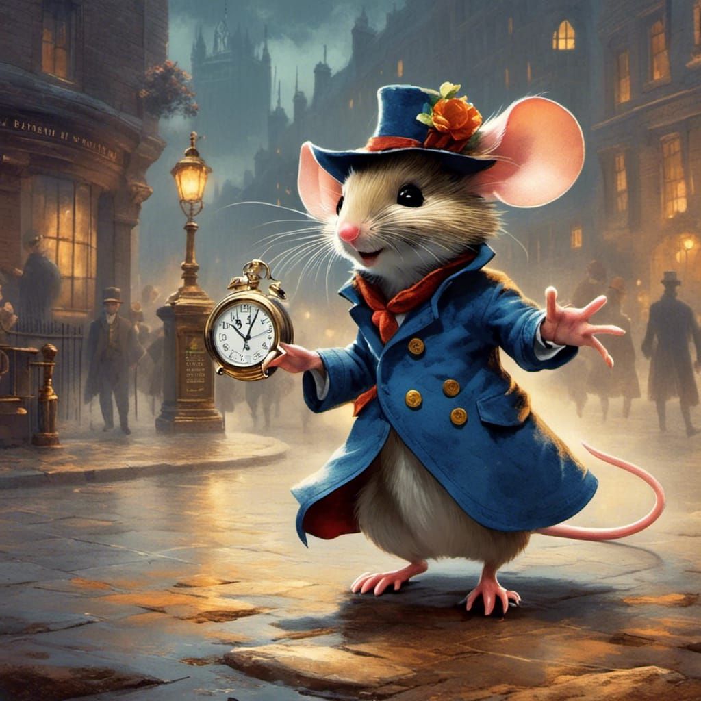 <lora:mouse:1.0> 1880s misty London street is where the Grea...