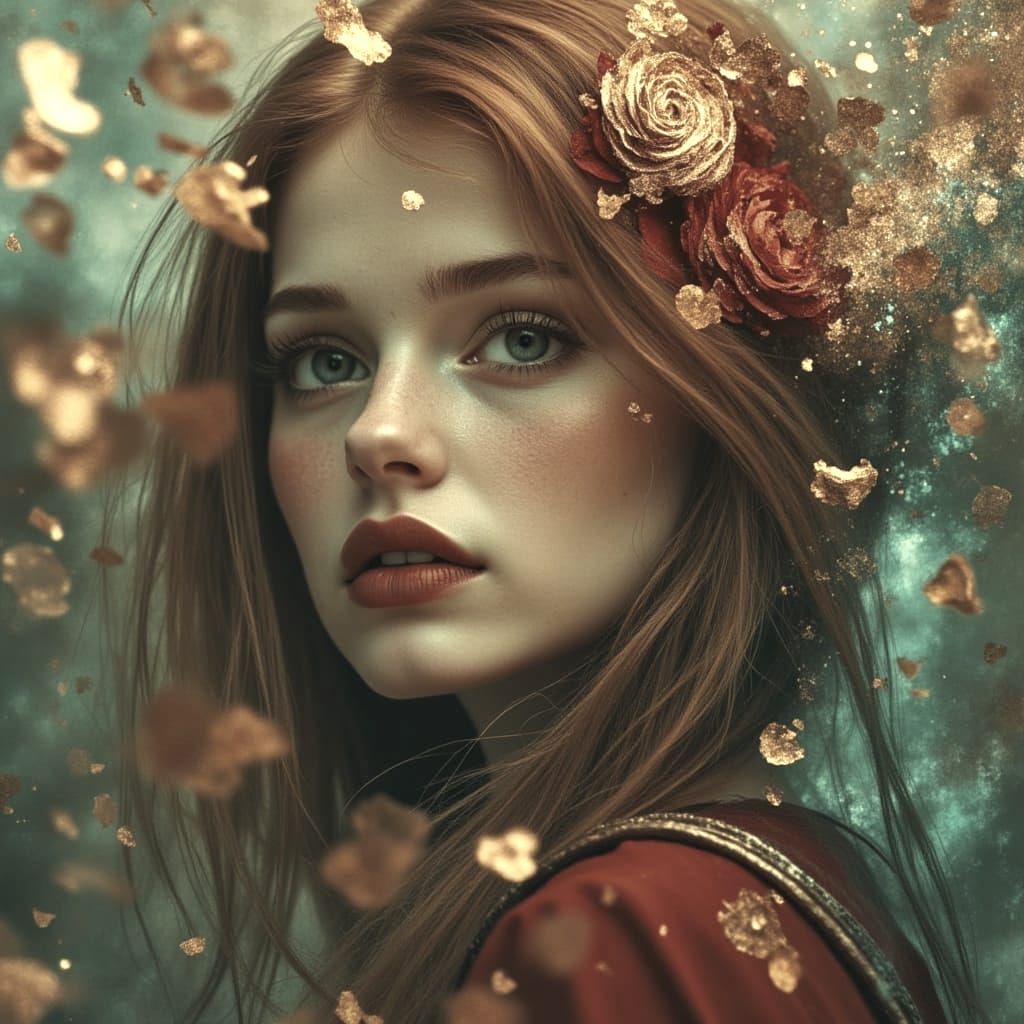 <lora:DreamweaverFlux:1.0> A slavic beauty with soft golden brown hair lost in thought, surrounded by swirling, ethereal fragments of memori...